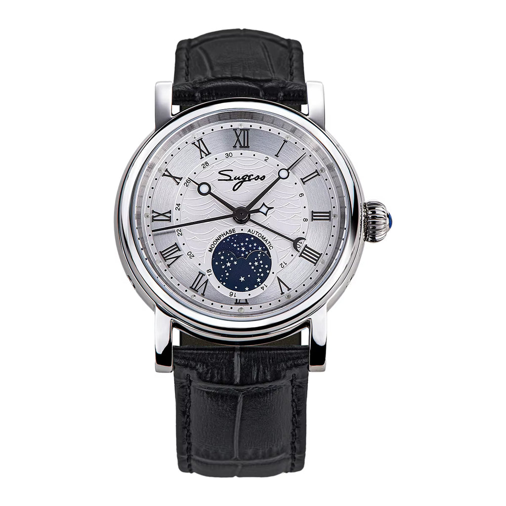 Watches for Men Automatic Mechanical Watch Moonphase Tianjin ST2108 Waterproof Date Hands Sapphire Crystal Rome Wave Dial