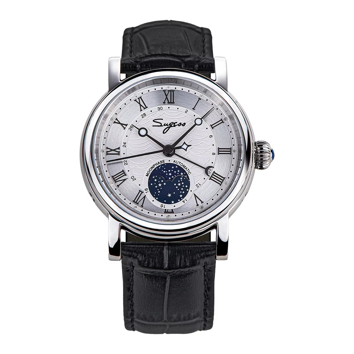 Watches for Men Automatic Mechanical Watch Moonphase Tianjin ST2108 Waterproof Date Hands Sapphire Crystal Rome Wave Dial