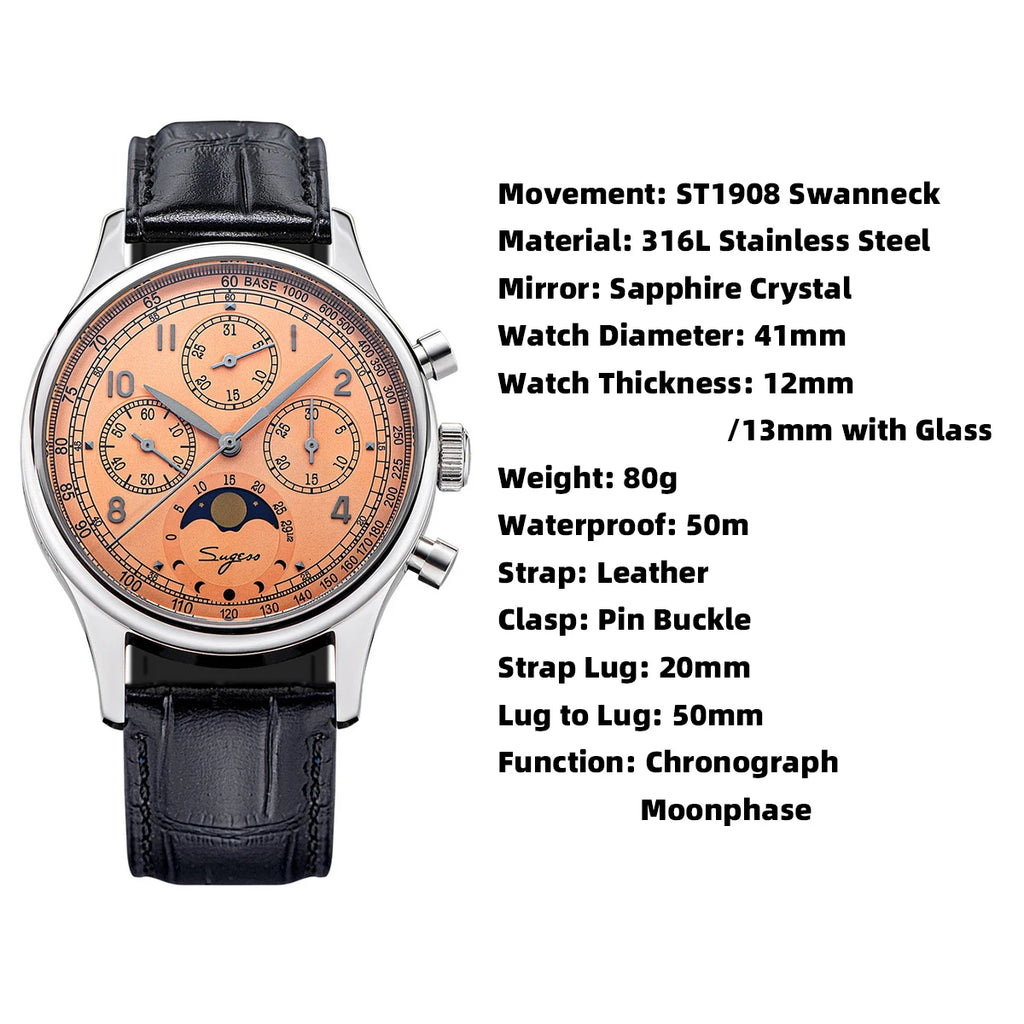 Watch of Men Chronograph Tianjin ST1908 Swanneck Movement Moonphase Business Mechanical Wristwatches Sapphire 2023 New