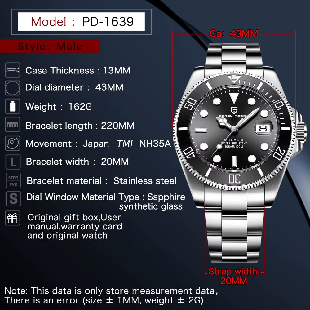 2025 New Men'S Watches Top Brand Luxury Business Wristwatch Men Mechanical Automatic Watch for Men Diver PD1639