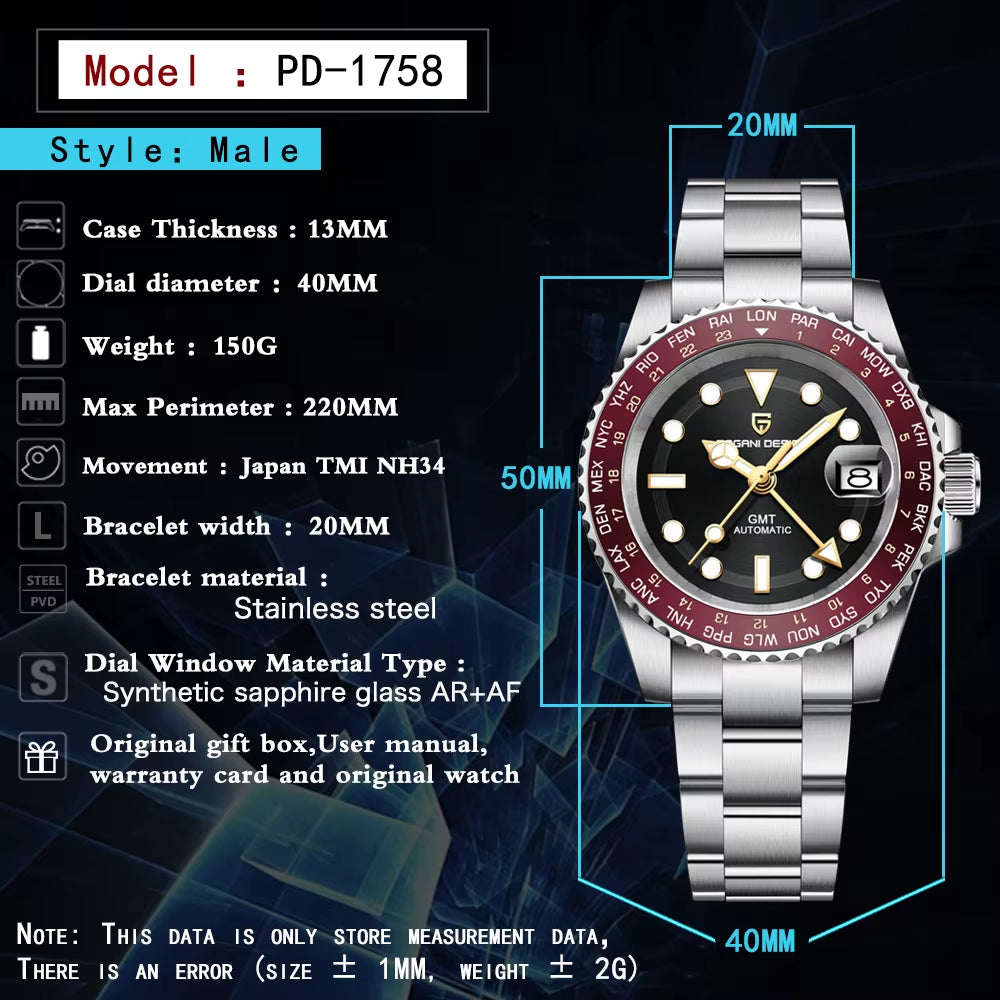 2024 NEW 40MM NH34 GMT Men'S Automatic Mechanical Watch Stainless Steel Luminous Waterproof Sapphire Men Watches