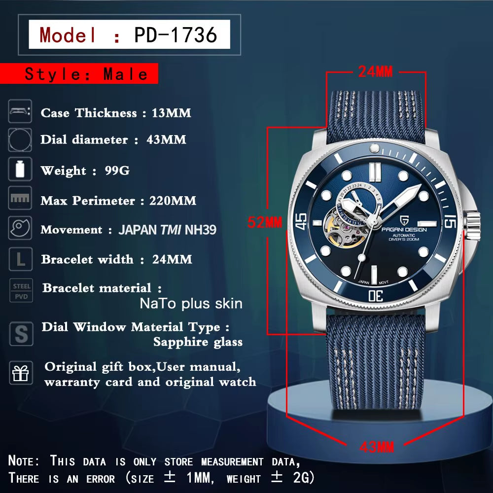 Brand Sports Men Mechanical Watch Fashion Sapphire 200M Waterproof Automatic Timecode Relogio Masculino 2024 New