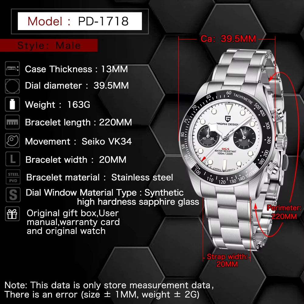 Panda Retro Men'S Watches Top Luxury Quartz Watch for Men Chronograph Waterproof Sapphire Mirror Luminous Man Gift