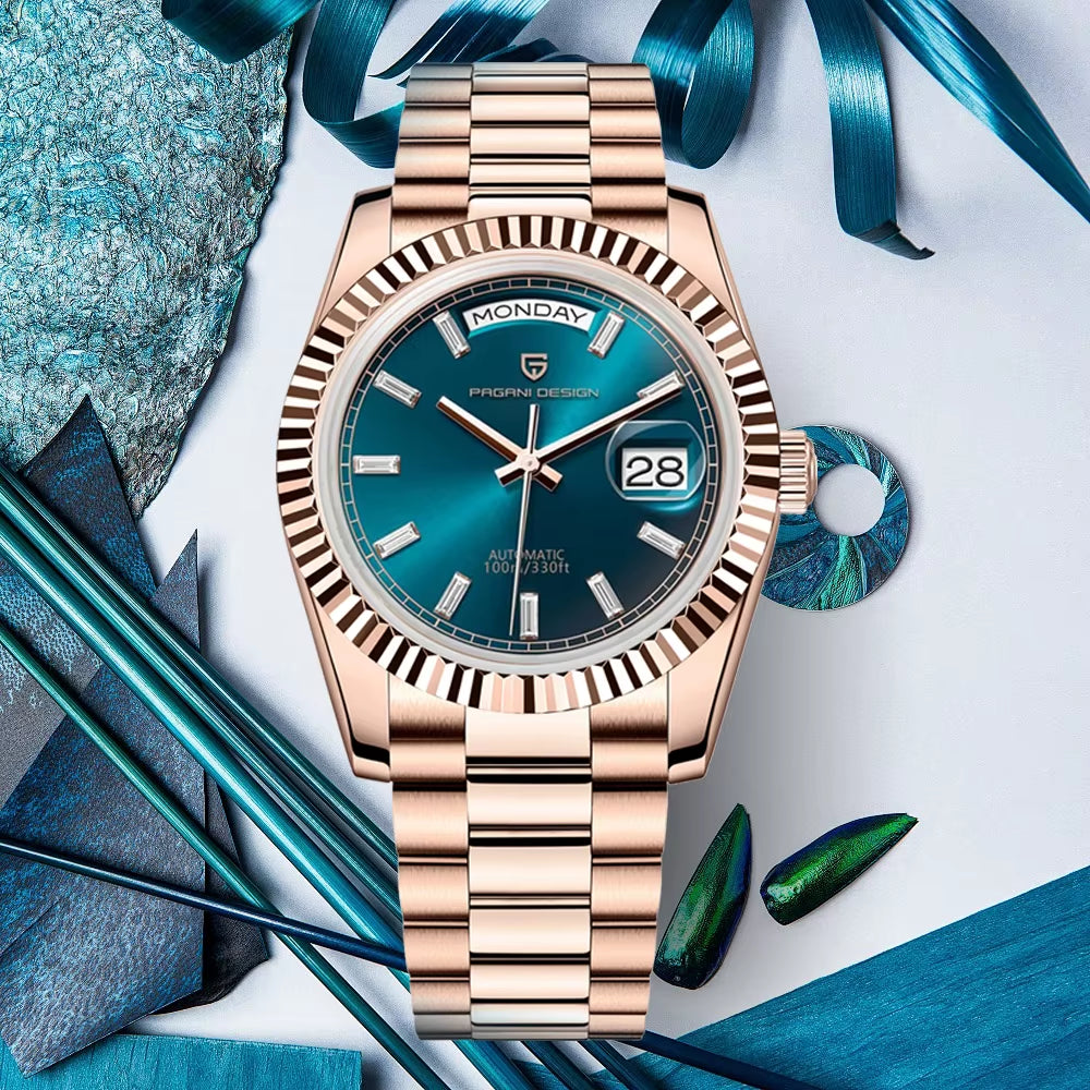 Rose Gold Men'S Automatic Watches NH36 Mechanical Stainless Steel Luxury Wrist Watch for Men Waterproof AR Coating