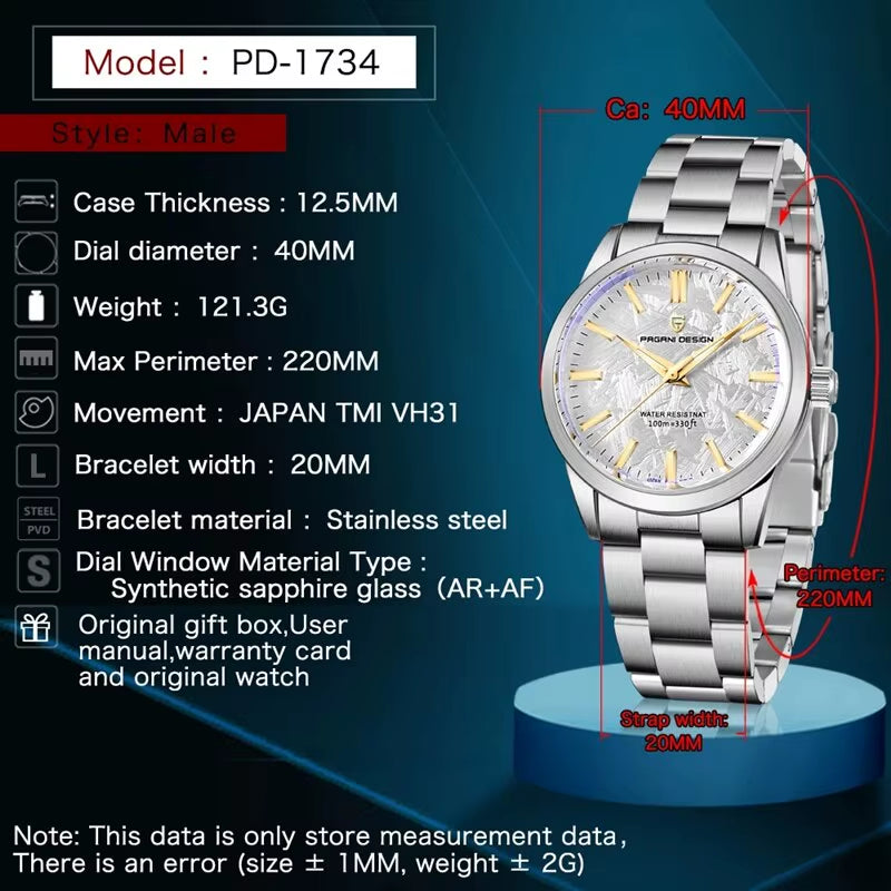 40MM Men Quartz Watches TMI VH31 Luxury Business Top Sapphire 316L Stainless Steel 100M Waterproof Watch for Men
