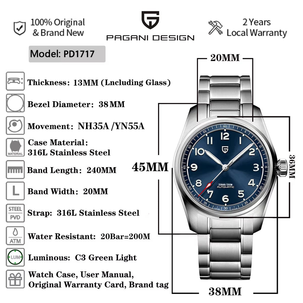 2024 New 38MM  Top Brand Men'S Pilot Automatic Mechanical Watch Nh35A/Yn55A/Yn56A Sapphire Waterproof 200M Men