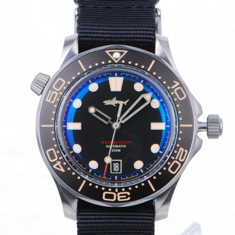 Watch Titanium Sea Ghost NTTD NH35 Automatic Mechanical C3 Luminous Steel Nylon White Black Dial 200M Dive Watches Men