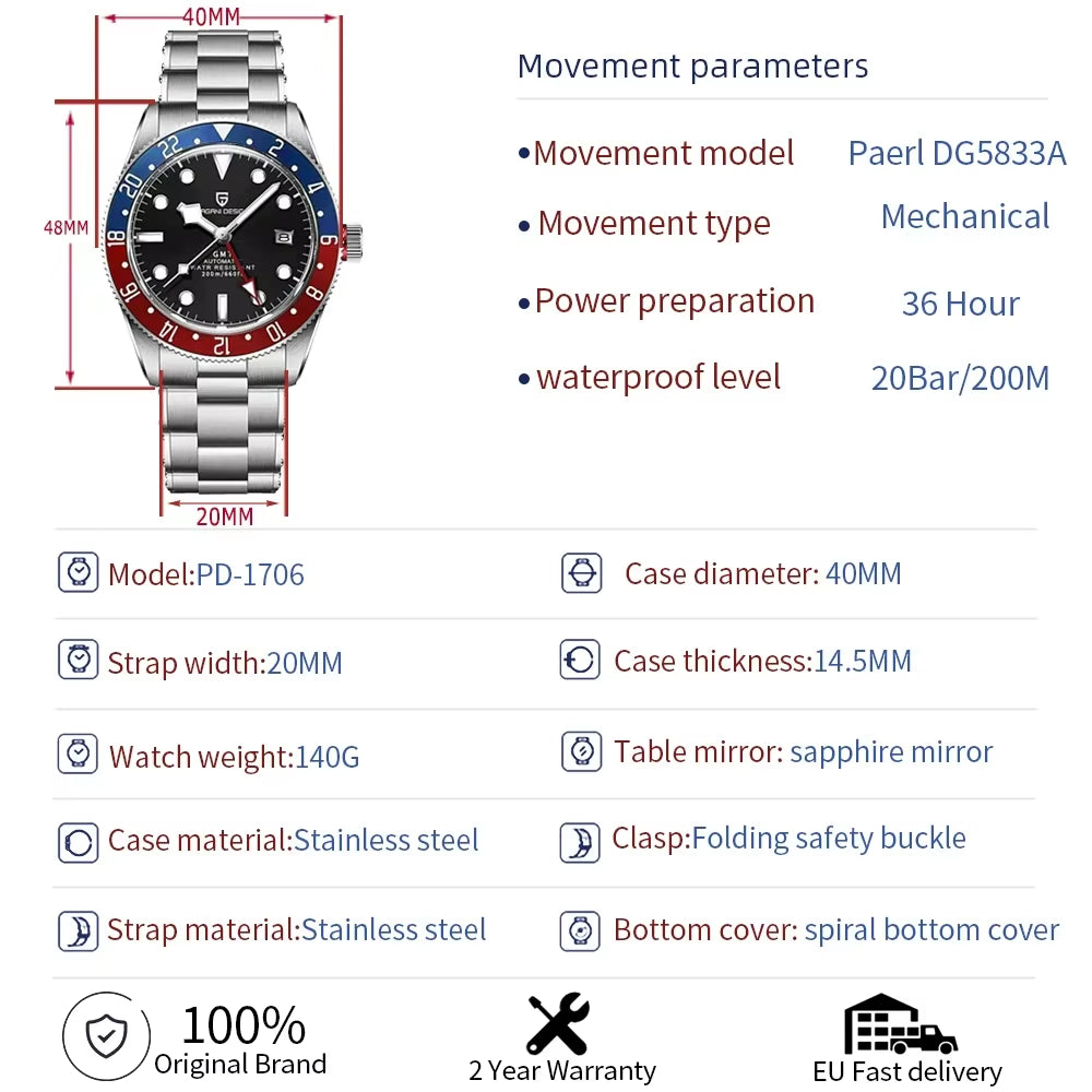 2025 BB40 GMT Men'S Watches Top Brand Luxury Mechanical Watch AR Sapphire Waterproof Automatic Watch for Men 1706