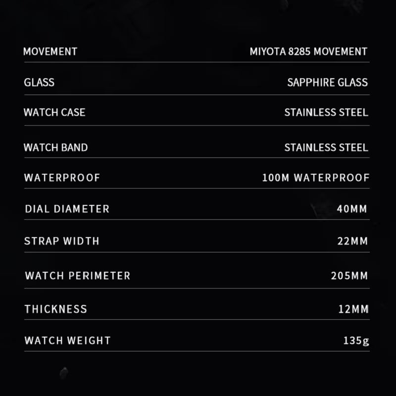 Men'S Mechanical Watches Luxury Meteorite Dial Automatic Watch for Men Week 100M Japan MIYOTA 8285 Movement Clock Man