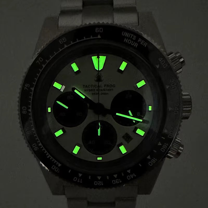 Tactical Frog 41Mm Men'S Chronograph Watch VS75 Solar Quartz Movement Waterproof Sapphire Green C3 Luminous Quartz Wristwatch