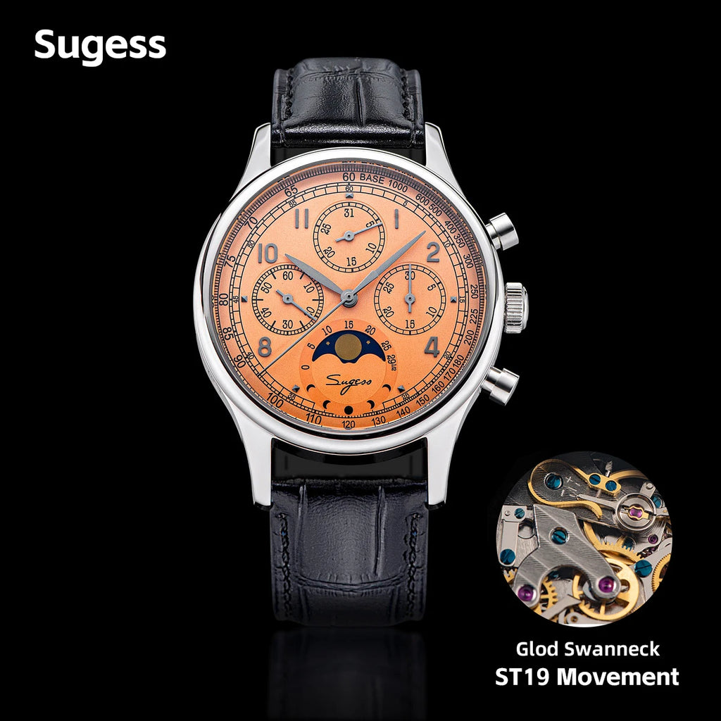 Watch of Men Chronograph Tianjin ST1908 Swanneck Movement Moonphase Business Mechanical Wristwatches Sapphire 2023 New