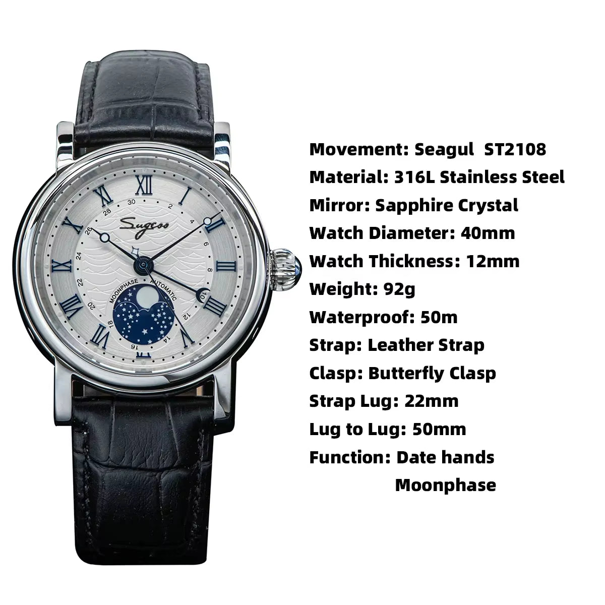 Watches for Men Automatic Mechanical Watch Moonphase Tianjin ST2108 Waterproof Date Hands Sapphire Crystal Rome Wave Dial
