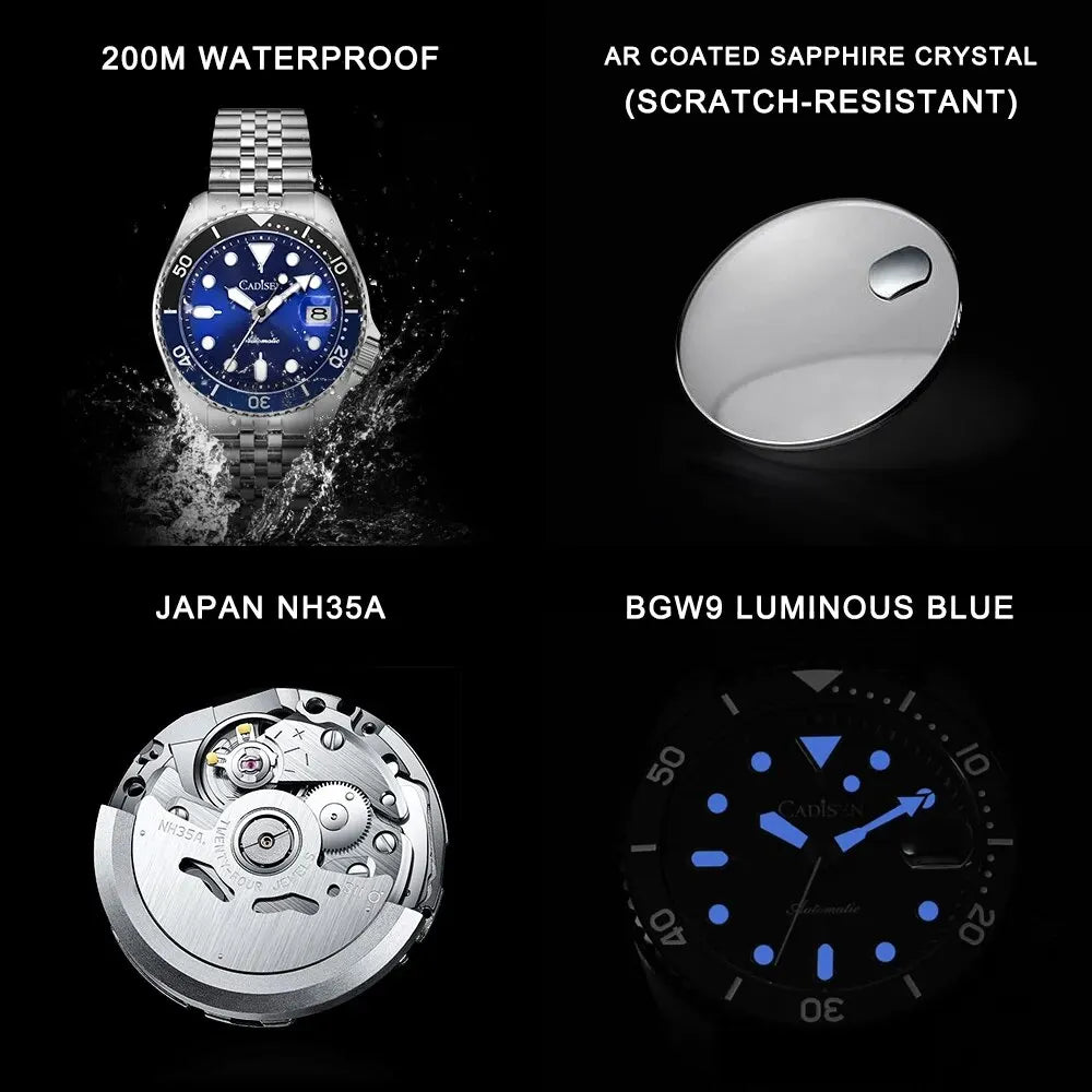 New Luminous Men Mechanical Wristwatches Ceramic Bezel Sapphire Glass NYLON Band Automatic Watch Men Relogio Masculino