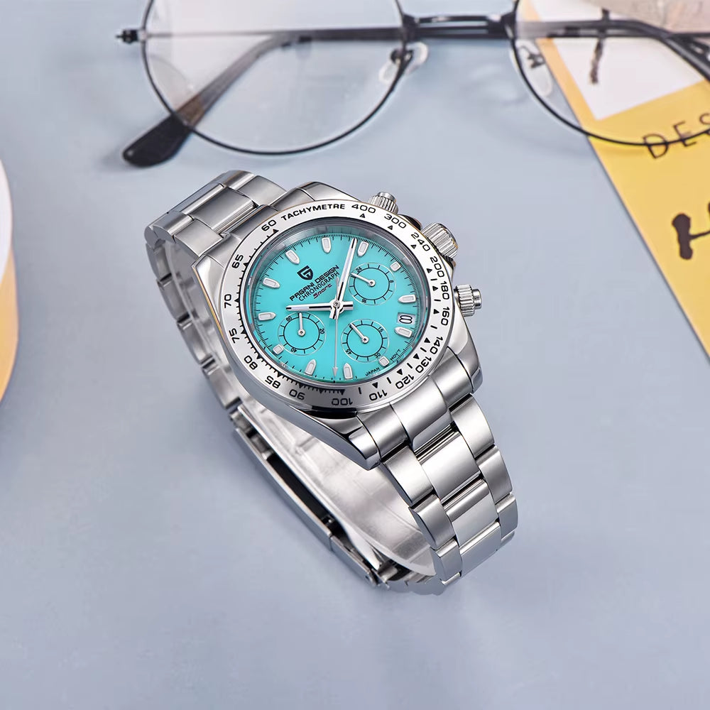 New Stainless Steel Bezel Men Quartz Wristwatches Luxury Sapphire Glass Chronograph VK63 Watch Men Reloj Hombre