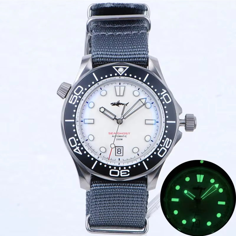 Watch Titanium Sea Ghost NTTD NH35 Automatic Mechanical C3 Luminous Steel Nylon White Black Dial 200M Dive Watches Men