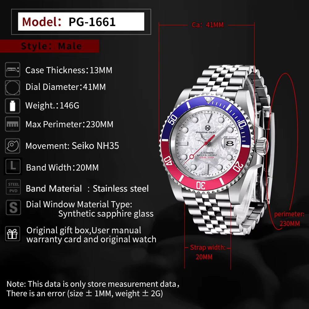 2025 New (PAGRNE)  Automatic Mechanical Watch Luxury Sports Stainless Steel Waterproof Watch NH35 Sapphire Clock