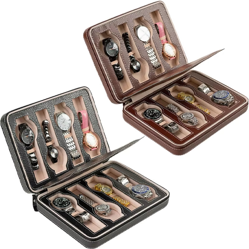 New Travel Dustproof Embedded Watch Box Zipper Portable PU Leather Storage Case Watch Display Box for Trips and Gifts