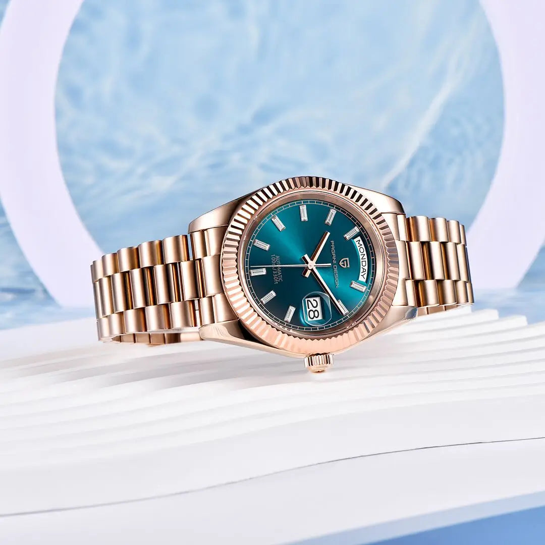 Rose Gold Men'S Automatic Watches NH36 Mechanical Stainless Steel Luxury Wrist Watch for Men Waterproof AR Coating