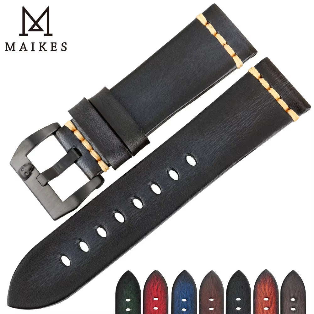 MAIKES Handmade Genuine Cow Leather Watch Band Vintage Blue Watchband Watch Bracelet 20Mm 22Mm 24Mm Watch Strap