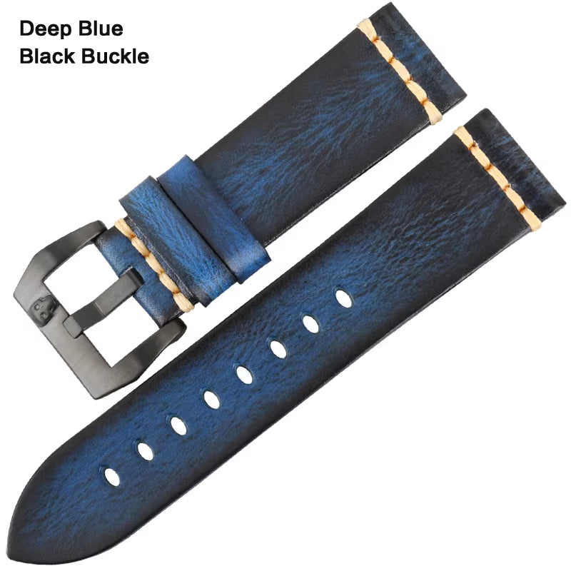 MAIKES Handmade Genuine Cow Leather Watch Band Vintage Blue Watchband Watch Bracelet 20Mm 22Mm 24Mm Watch Strap