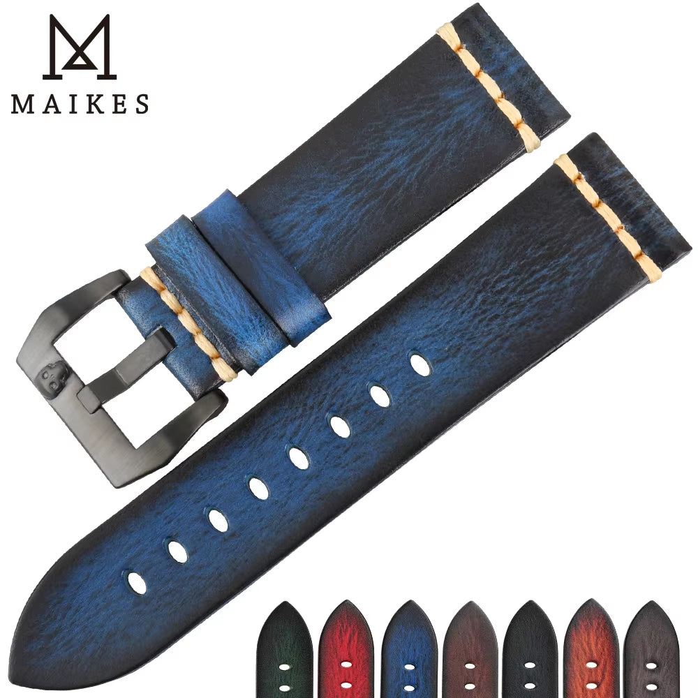 MAIKES Handmade Genuine Cow Leather Watch Band Vintage Blue Watchband Watch Bracelet 20Mm 22Mm 24Mm Watch Strap
