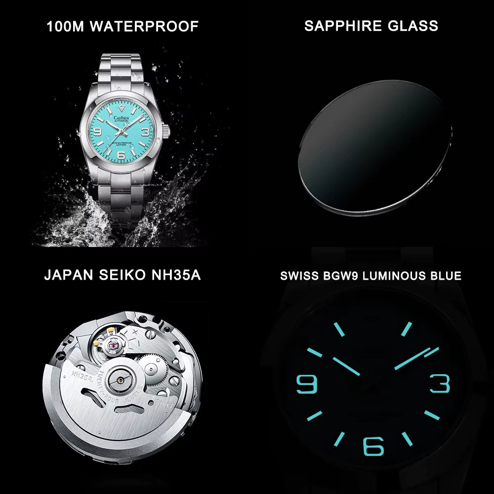 36MM New NH35 Men Mechanical Watch AR Sapphire Glass BGW9 Blue Luminous Automatic Watch for Men 100M Waterproof Watches