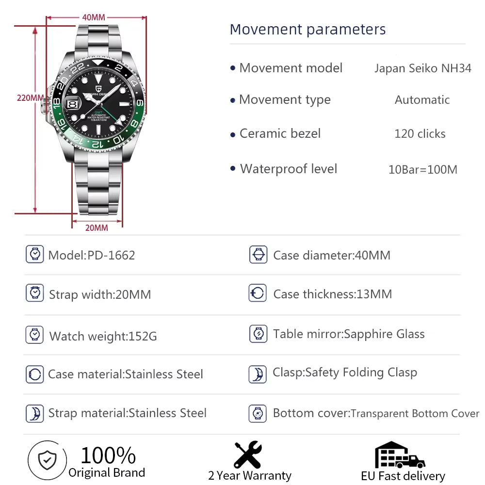 V3  New NH34 Automatic Mechanical Watches Men'S Luxury Sapphire Glass 40MM Ceramic GMT Wristwatch 100M Waterproof