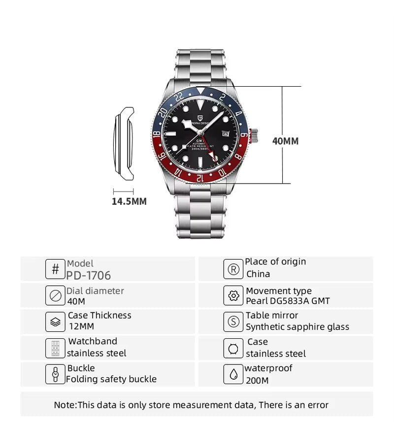 New PAGANI DESIGN Mens Watches GMT Top Luxury Luminous Bezel Mechanical Automatic Men Watch Sapphire 200M Waterproof BB58 Sports