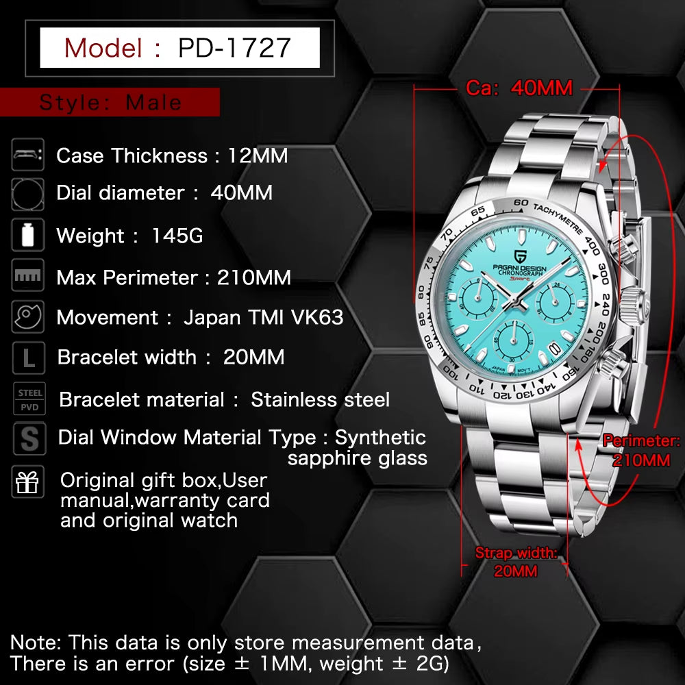 New Stainless Steel Bezel Men Quartz Wristwatches Luxury Sapphire Glass Chronograph VK63 Watch Men Reloj Hombre