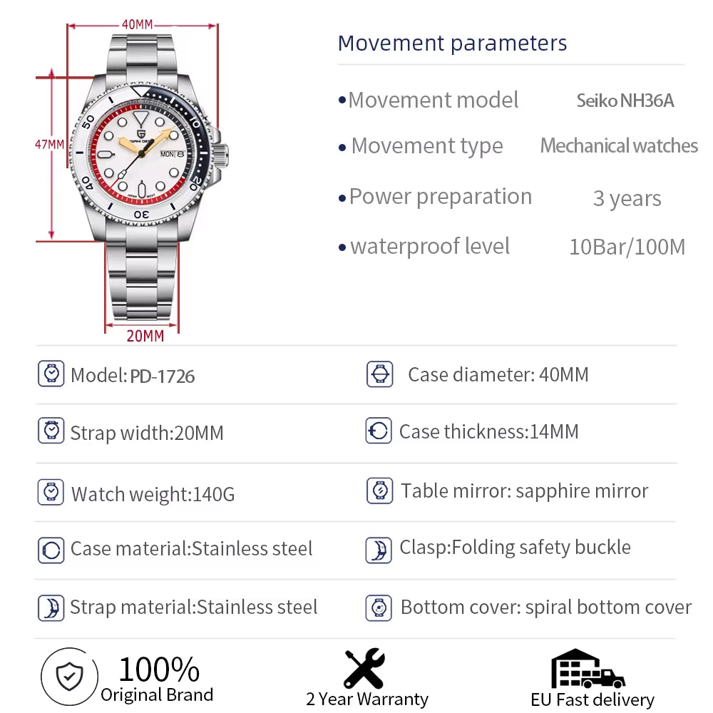 2024 New Men Mechanical Wristwatches Luxury Automatic Watches Week Date NH36 100M Waterproof Reloj Hombre PD1726