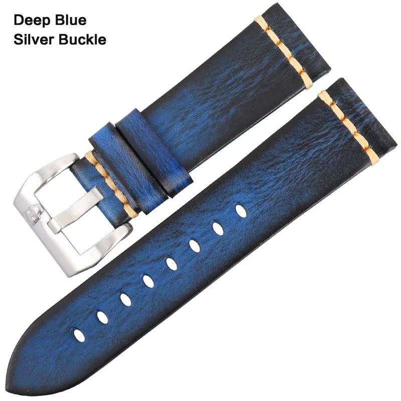 MAIKES Handmade Genuine Cow Leather Watch Band Vintage Blue Watchband Watch Bracelet 20Mm 22Mm 24Mm Watch Strap