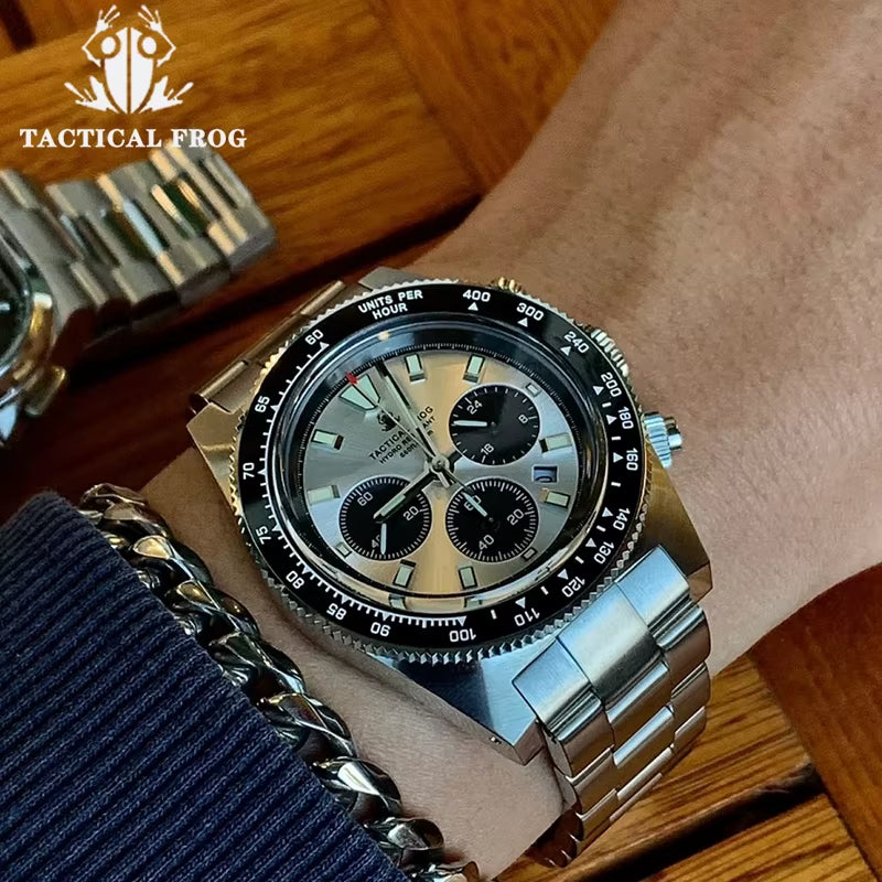Tactical Frog 41Mm Men'S Chronograph Watch VS75 Solar Quartz Movement Waterproof Sapphire Green C3 Luminous Quartz Wristwatch