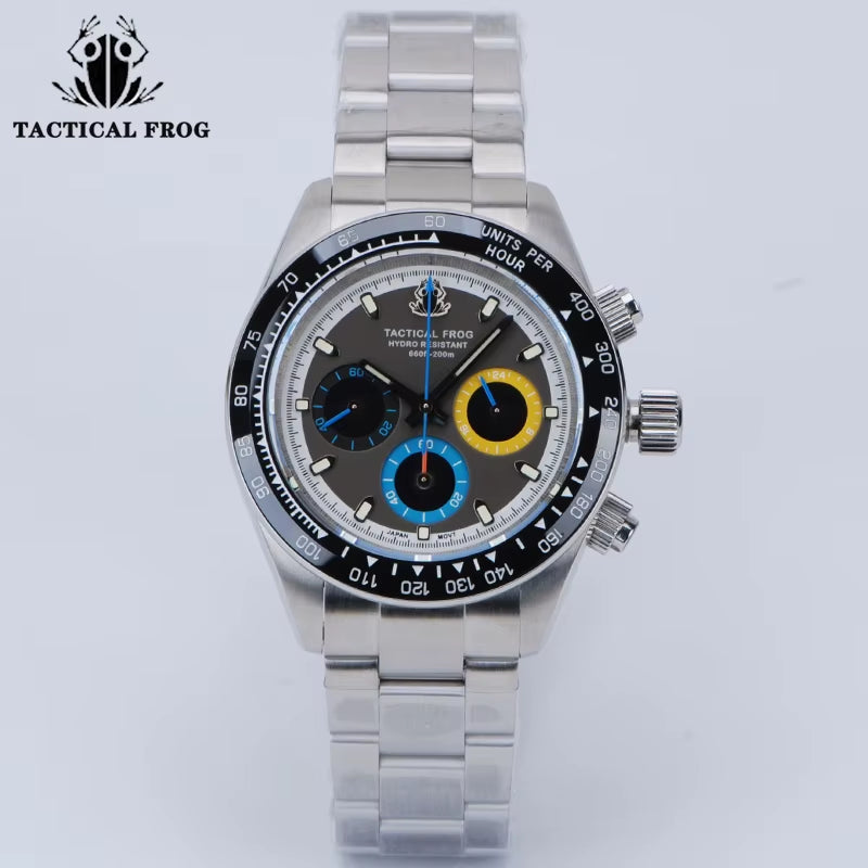 Tactical Frog 41Mm Men'S Chronograph Watch VS75 Solar Quartz Movement Waterproof Sapphire Green C3 Luminous Quartz Wristwatch