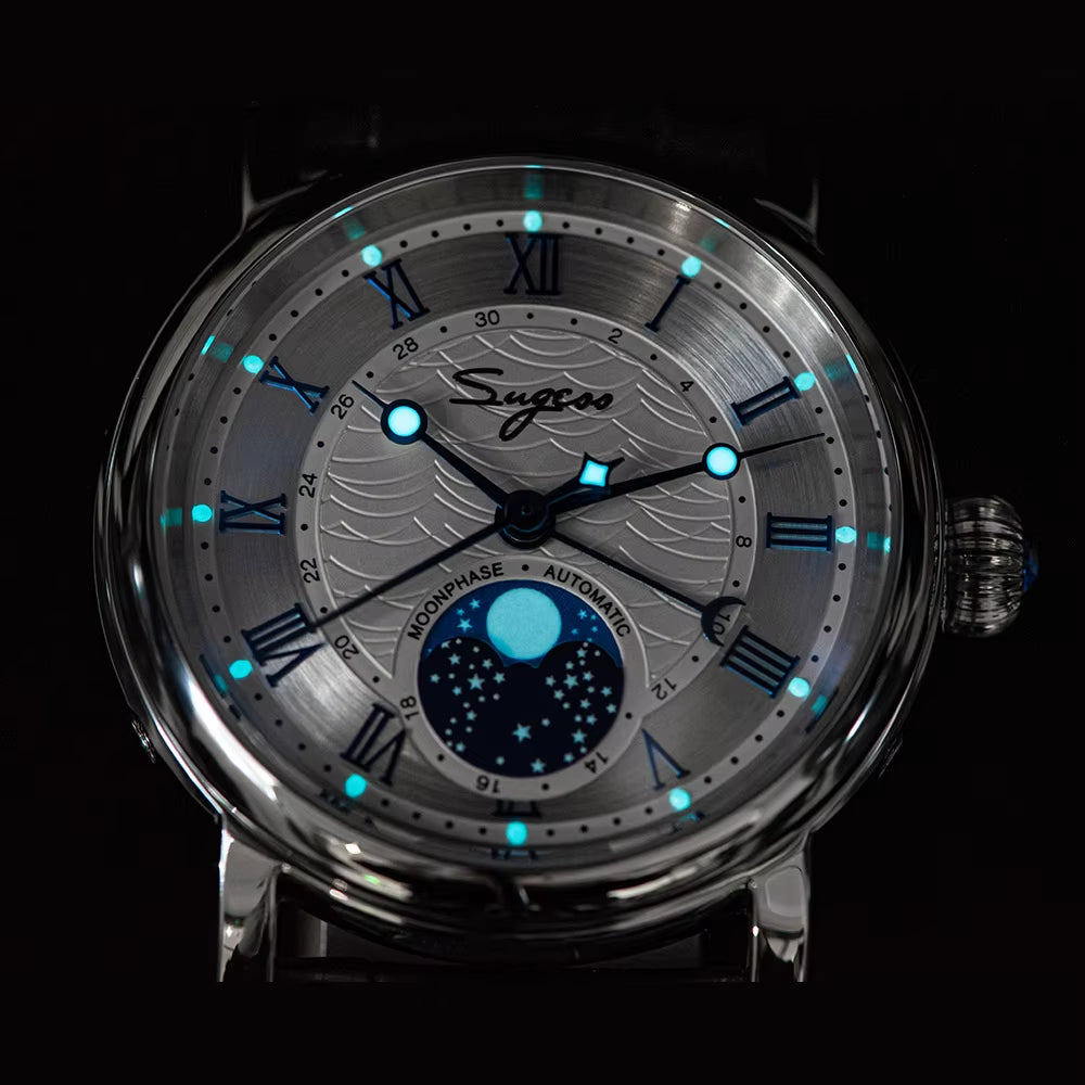 Watches for Men Automatic Mechanical Watch Moonphase Tianjin ST2108 Waterproof Date Hands Sapphire Crystal Rome Wave Dial